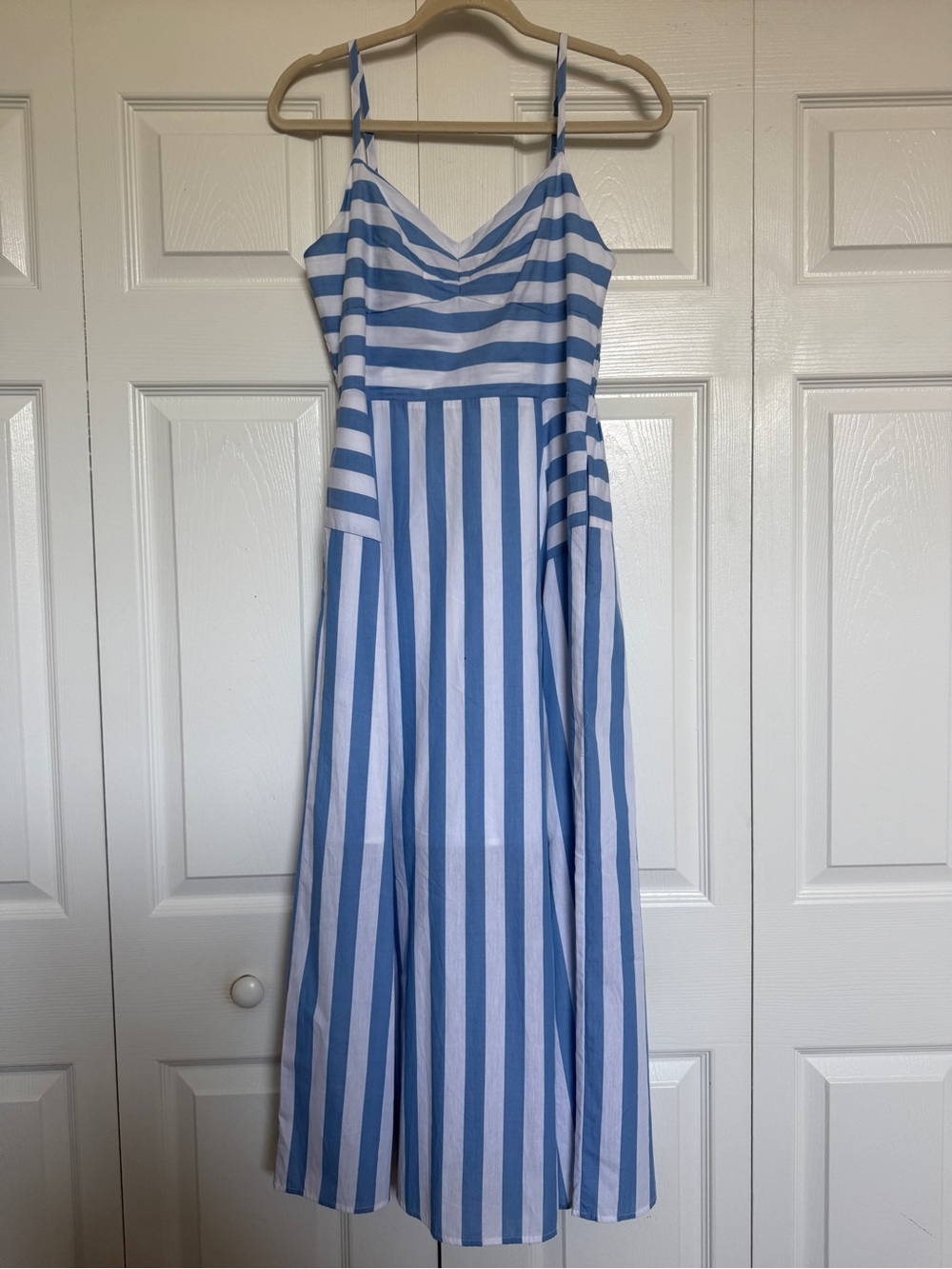 entro Blue and White Striped Spaghetti Strap Midi Dress